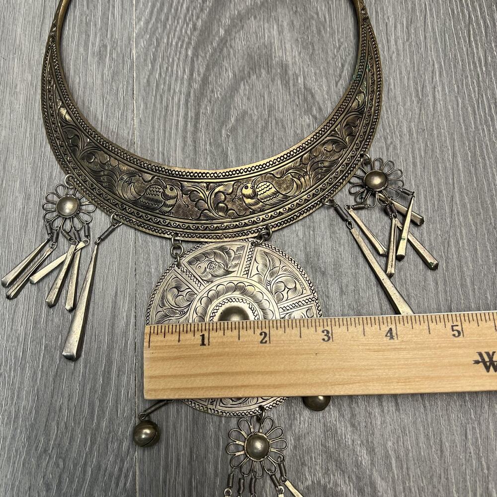 Tribal Boho Collar Statement Necklace Engraved Birds Medallion Dangles Bells - Picture 16 of 16
